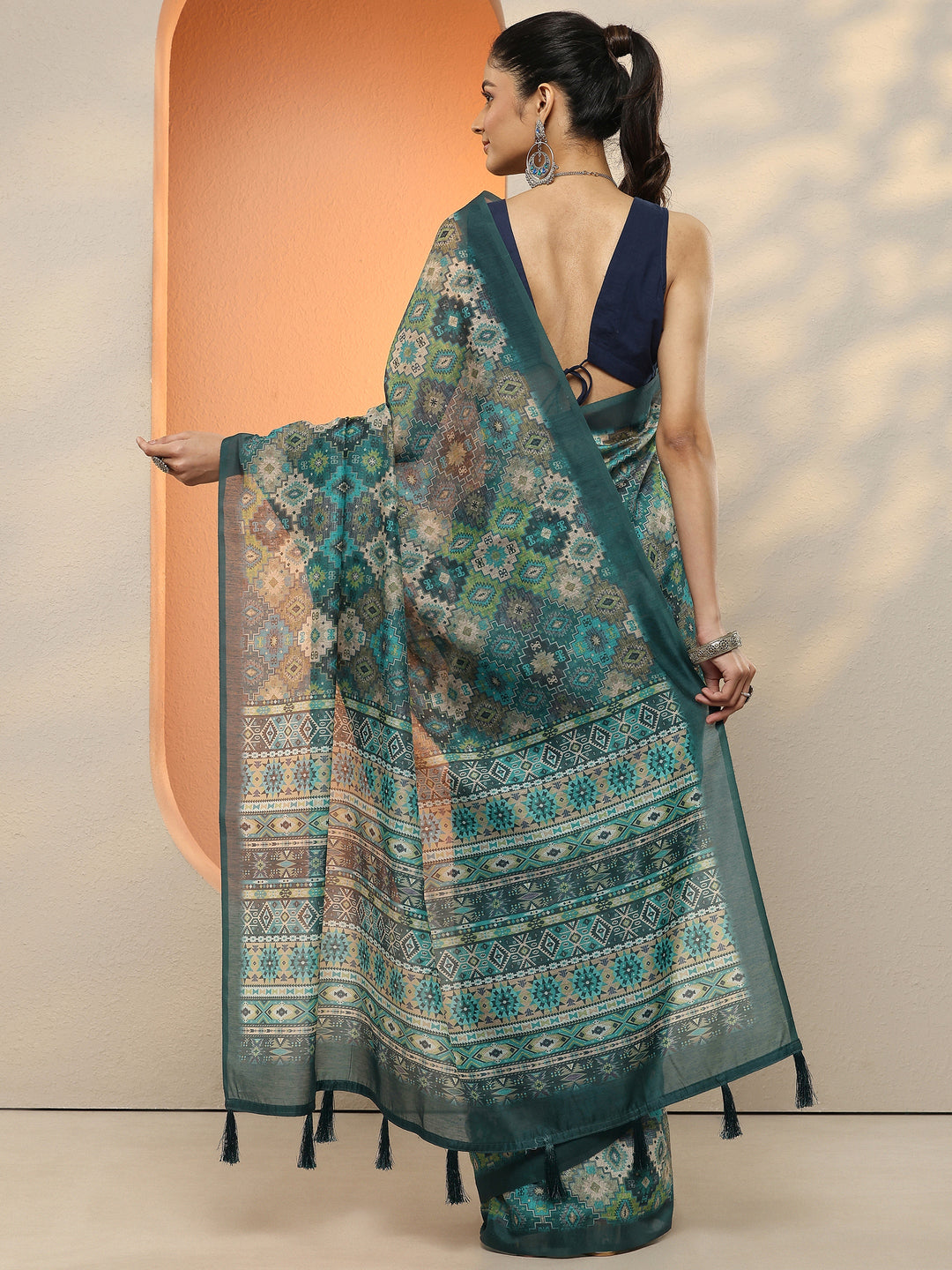  Blue Printed Silk Blend Sarees With Unstitched Blouse Piece 