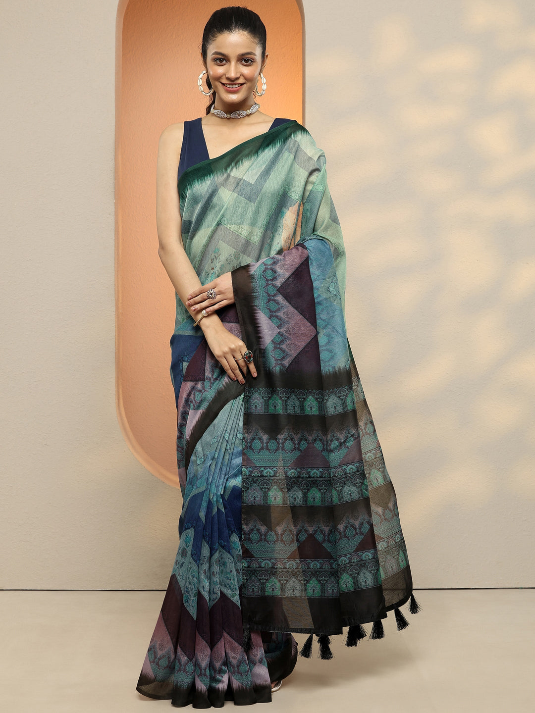  Blue Chevron Printed Silk Blend Saree With Unstitched Blouse Piece 