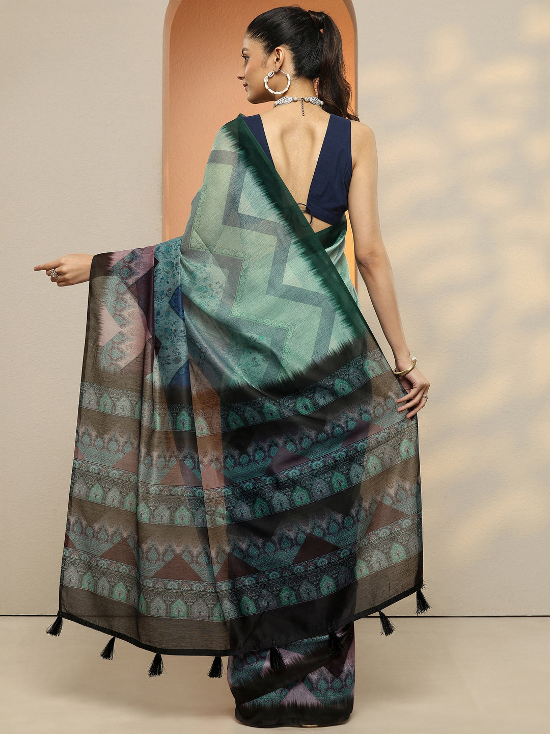  Blue Chevron Printed Silk Blend Saree With Unstitched Blouse Piece 