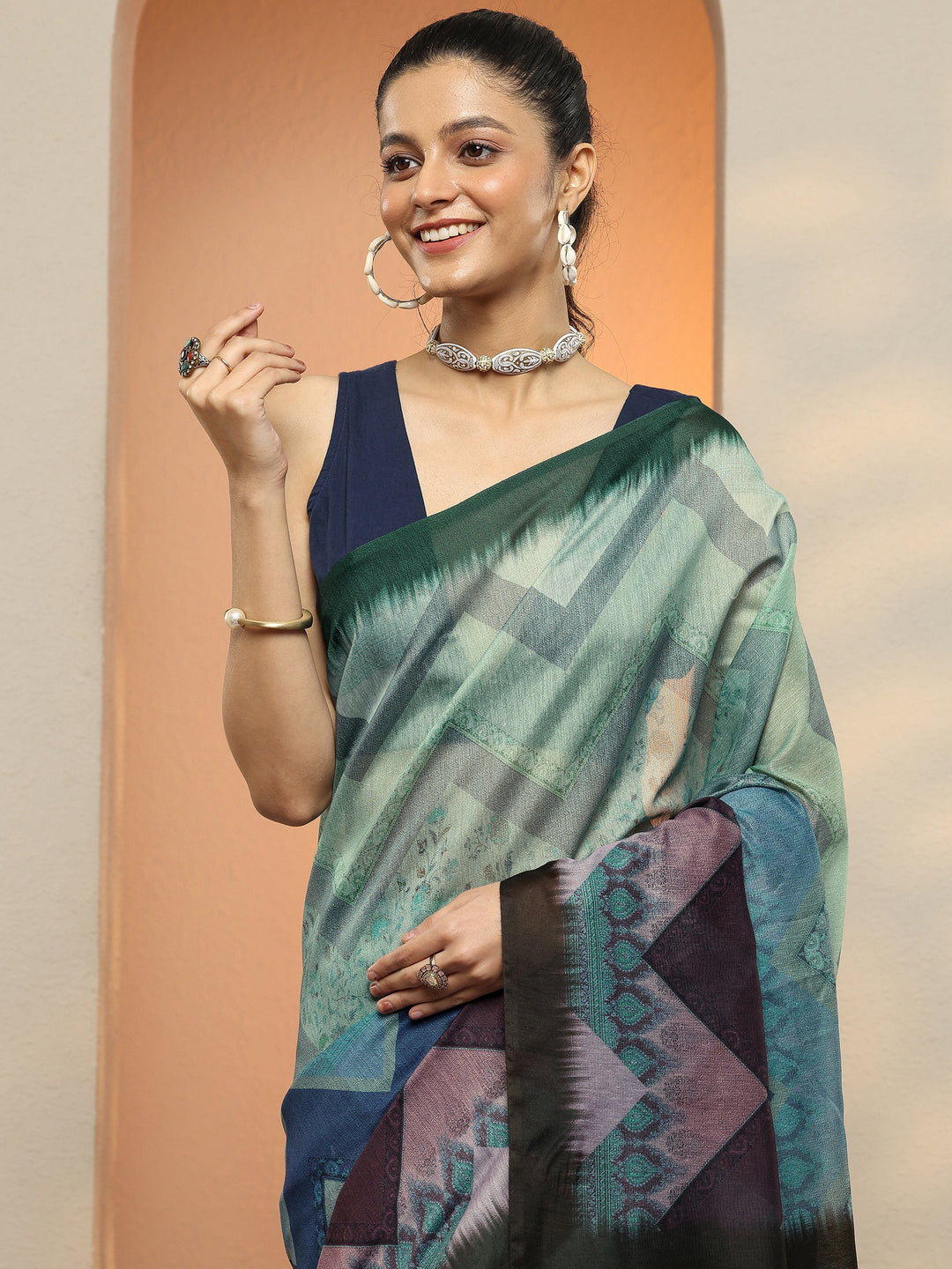  Blue Chevron Printed Silk Blend Saree With Unstitched Blouse Piece 