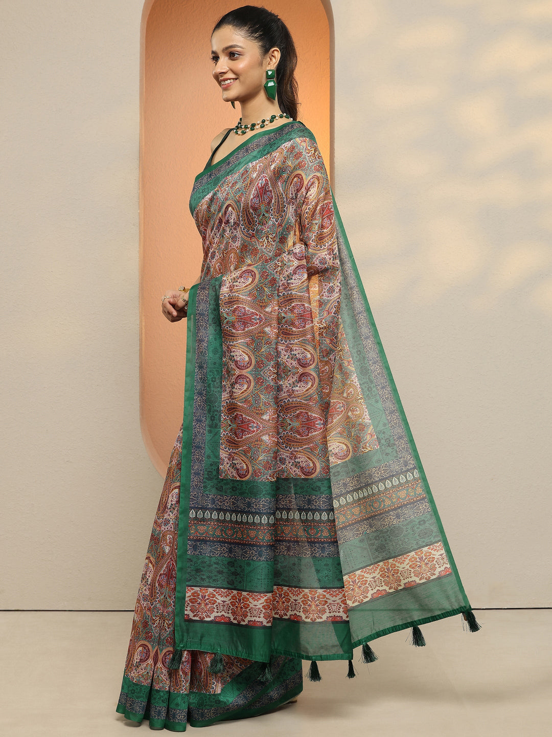  Multi Paisley Printed Silk Blend Saree With Unstitched Blouse Piece 