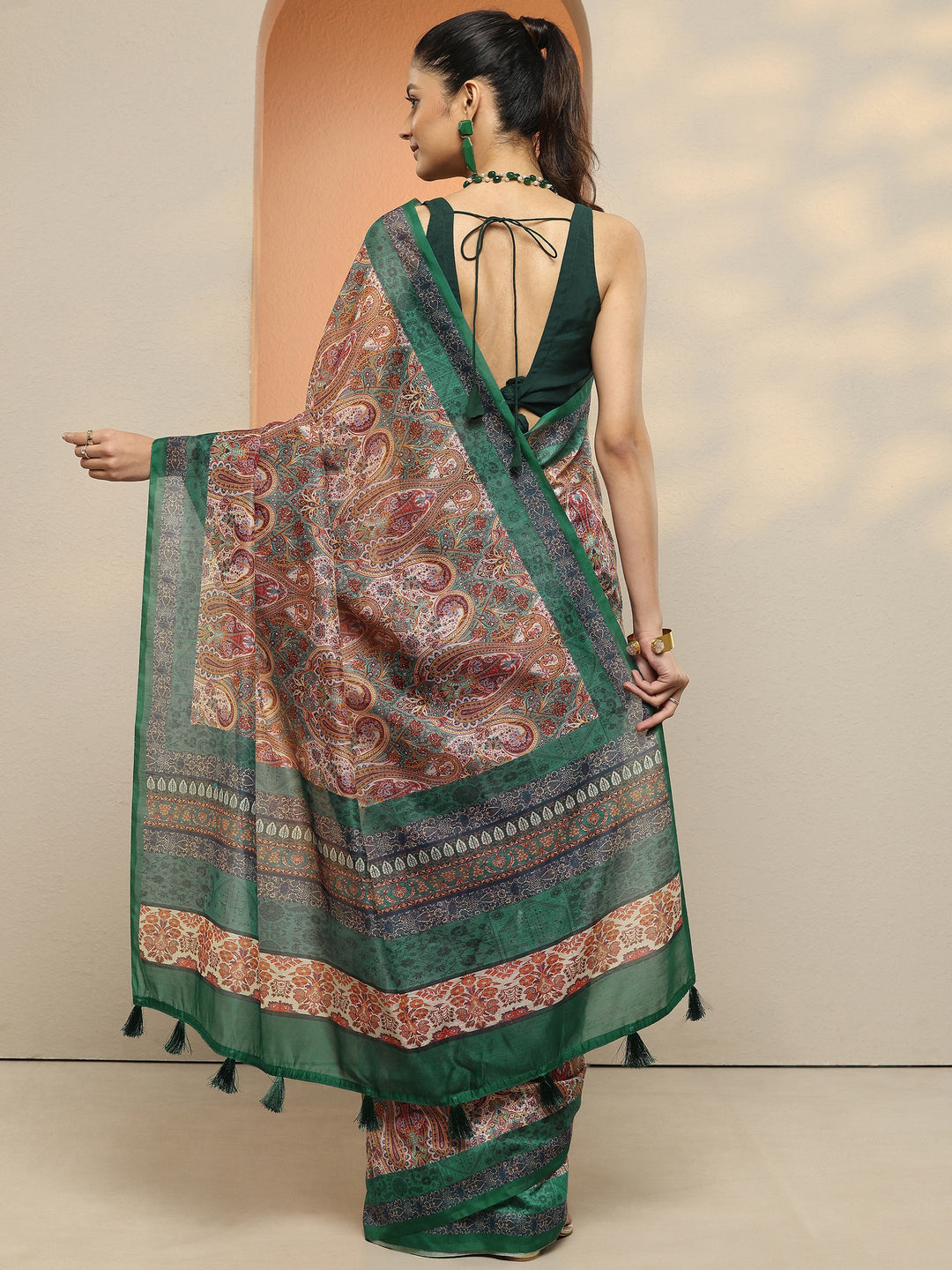  Multi Paisley Printed Silk Blend Saree With Unstitched Blouse Piece 