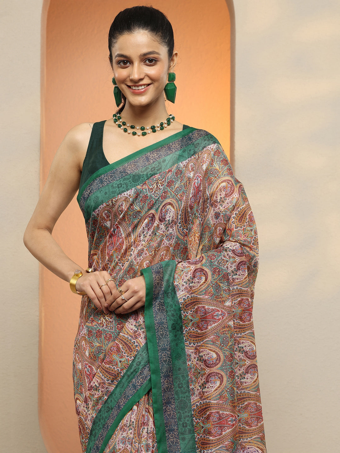  Multi Paisley Printed Silk Blend Saree With Unstitched Blouse Piece 