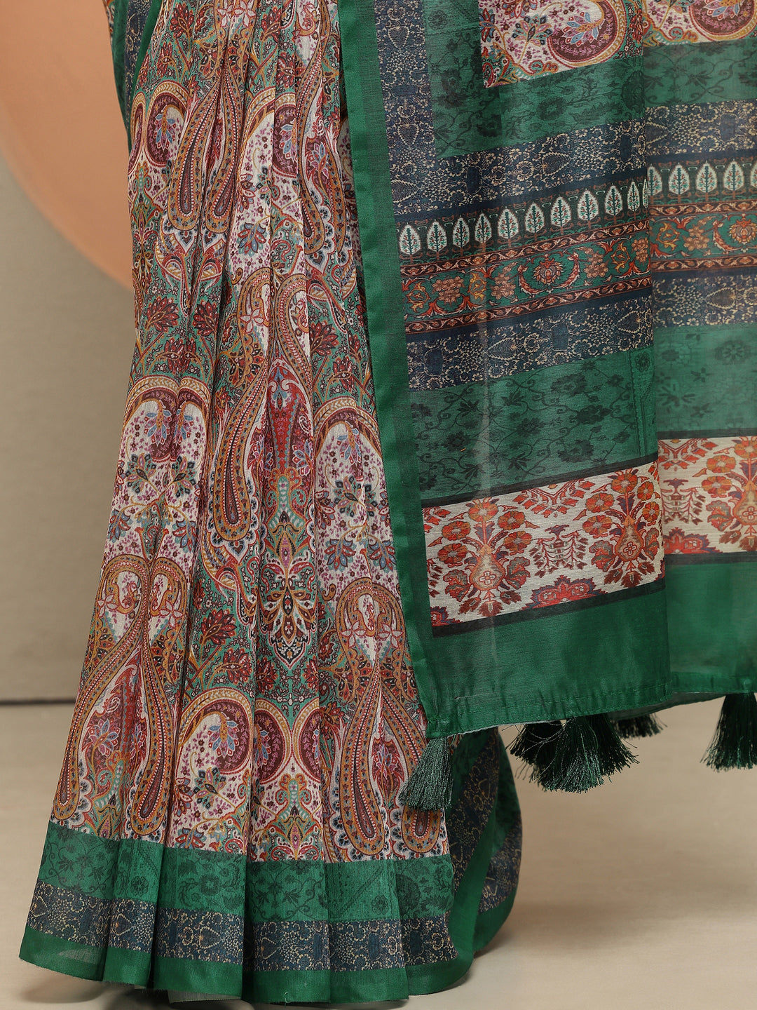  Multi Paisley Printed Silk Blend Saree With Unstitched Blouse Piece 