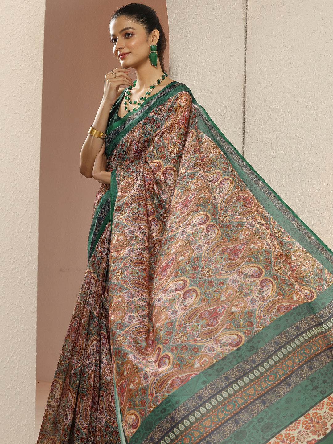  Multi Paisley Printed Silk Blend Saree With Unstitched Blouse Piece 