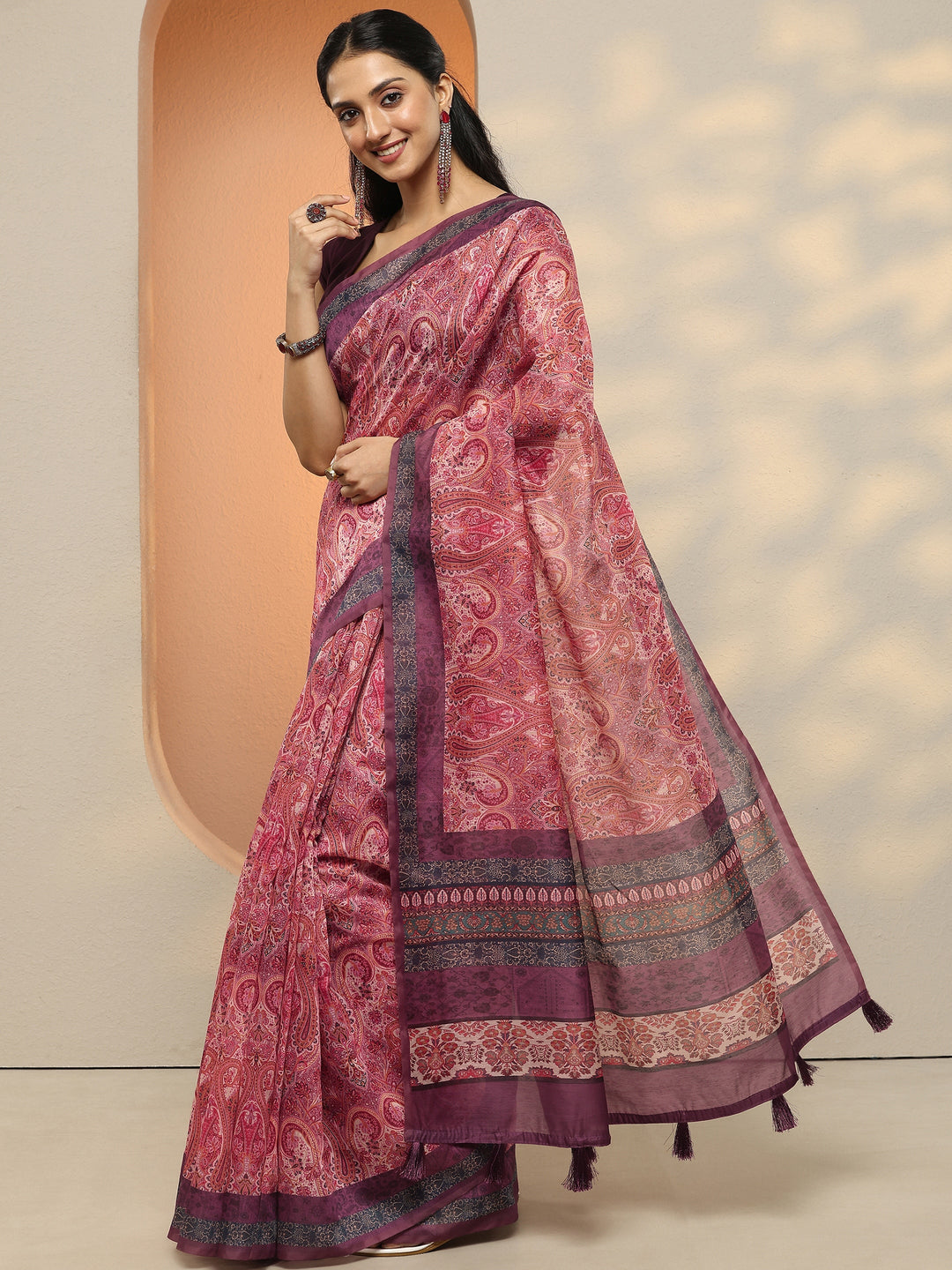  Multi Paisley Printed Silk Blend Saree With Unstitched Blouse Piece 