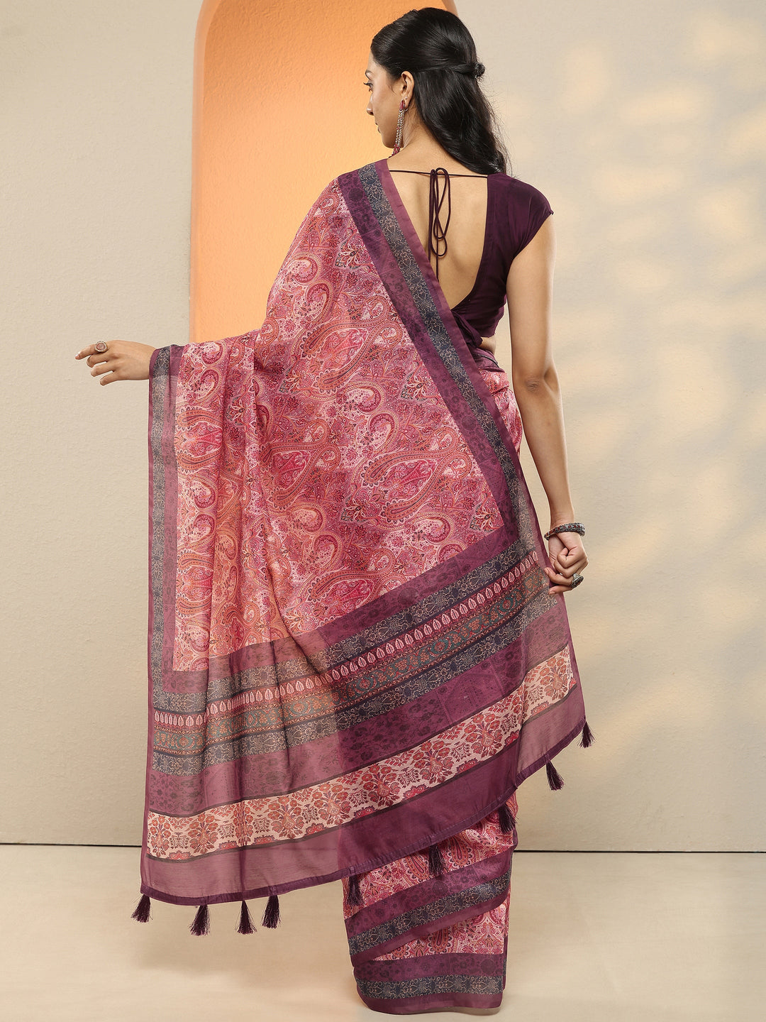  Multi Paisley Printed Silk Blend Saree With Unstitched Blouse Piece 