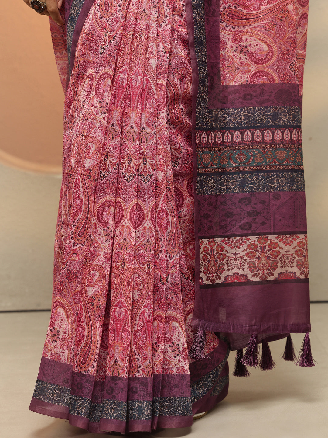  Multi Paisley Printed Silk Blend Saree With Unstitched Blouse Piece 