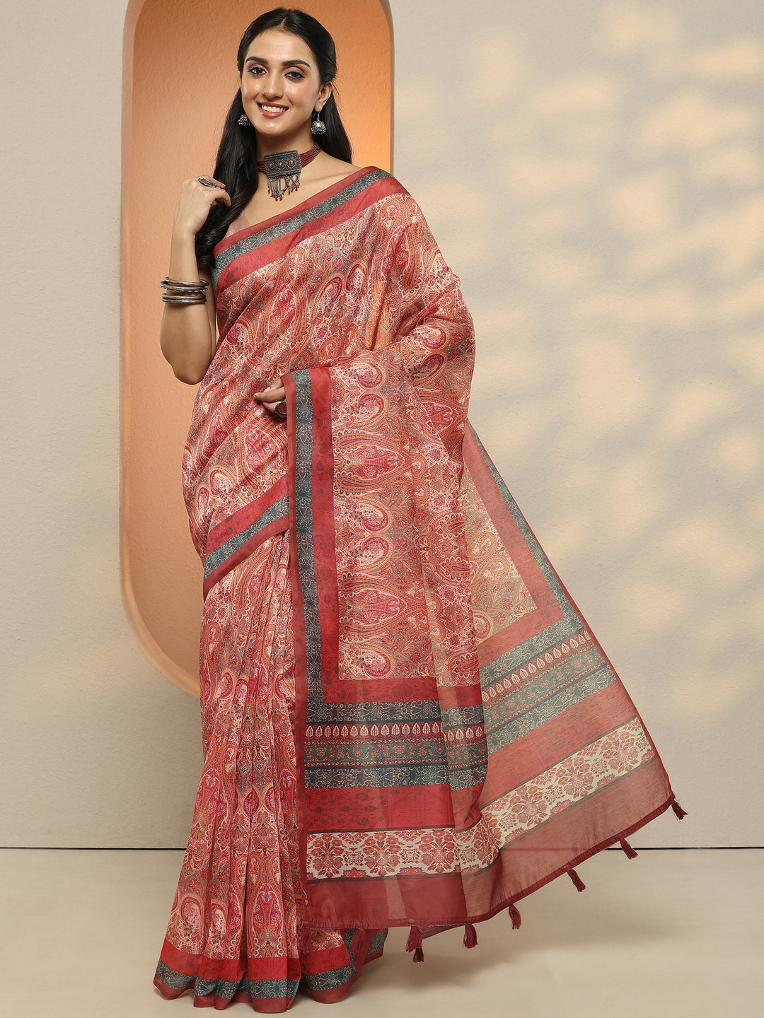 Multi Paisley Printed Silk Blend Saree With Unstitched Blouse Piece 
