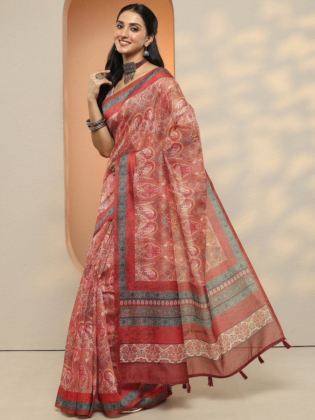  Multi Paisley Printed Silk Blend Saree With Unstitched Blouse Piece 
