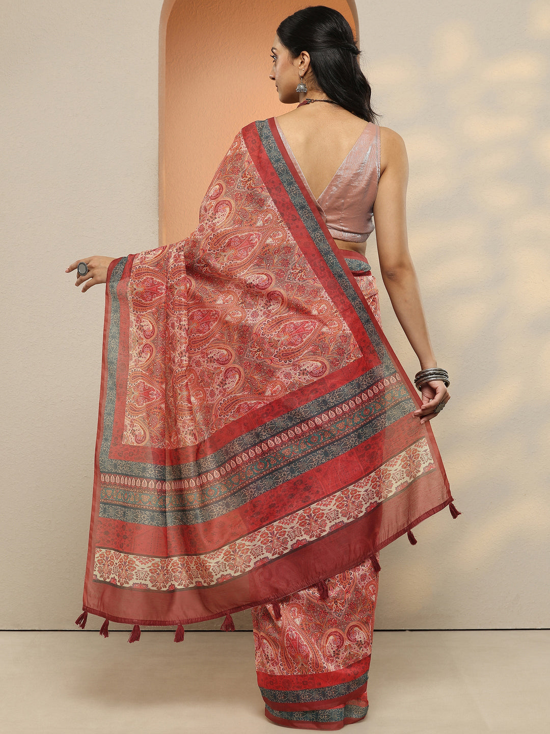  Multi Paisley Printed Silk Blend Saree With Unstitched Blouse Piece 