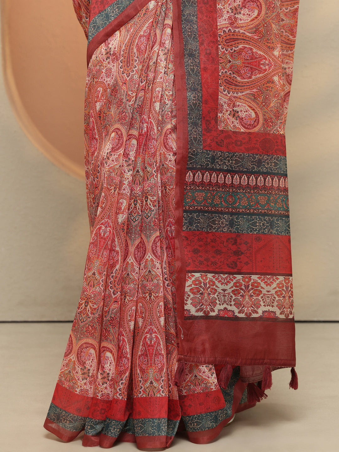  Multi Paisley Printed Silk Blend Saree With Unstitched Blouse Piece 