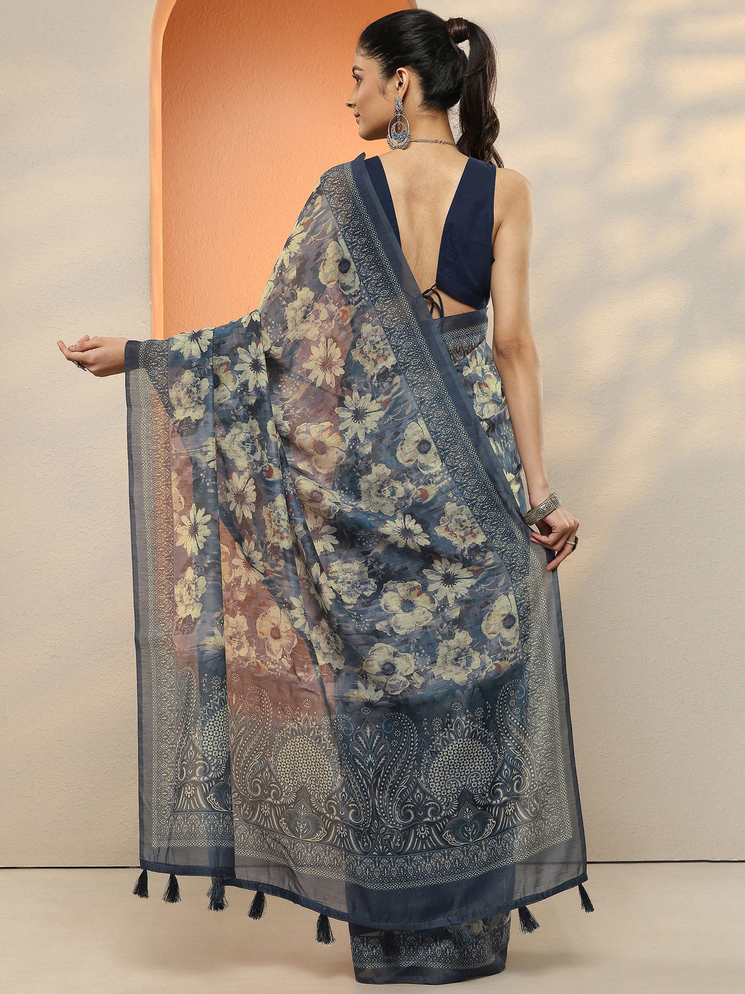  Blue Printed Silk Blend Sarees With Unstitched Blouse Piece 