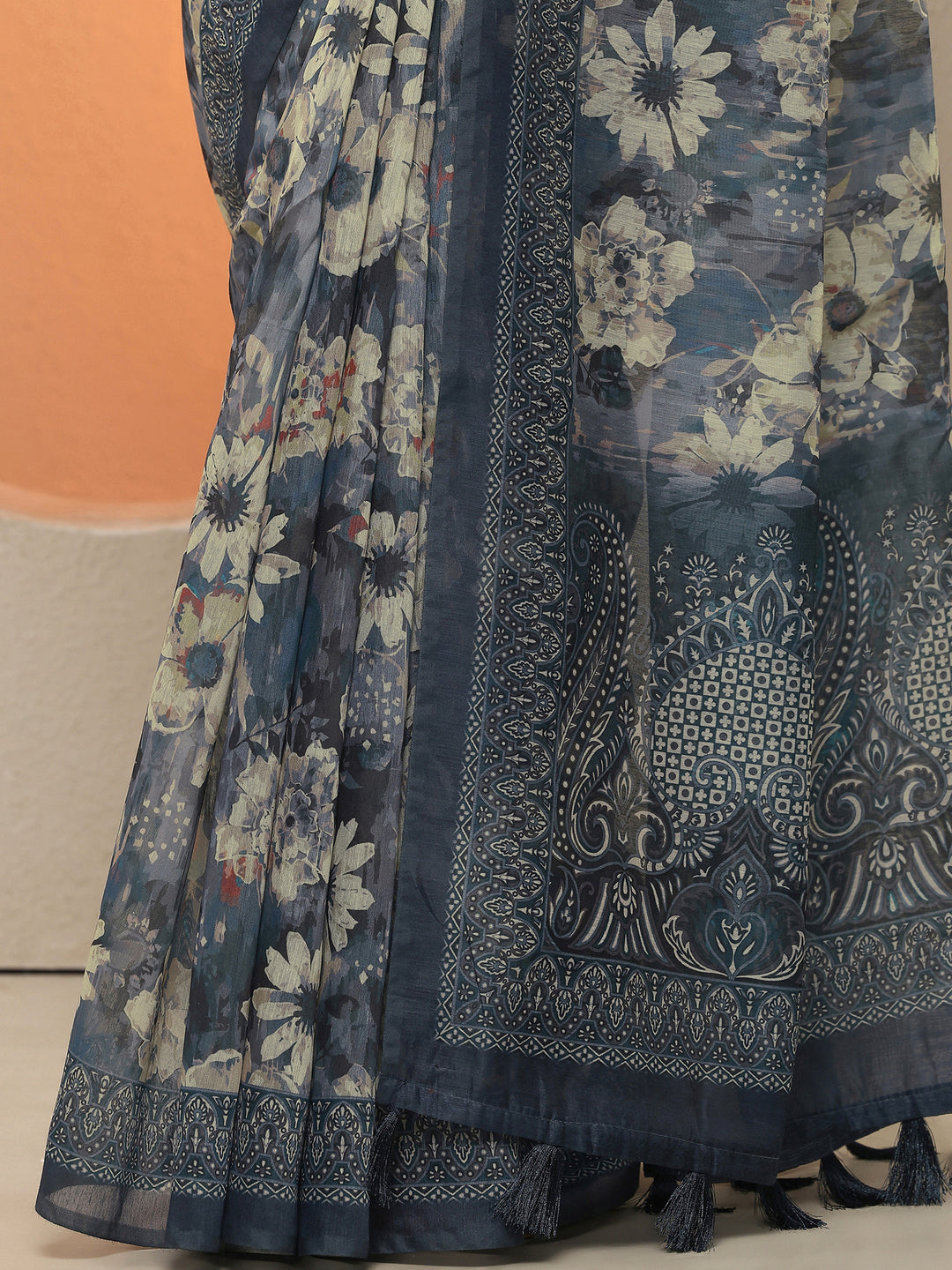  Blue Printed Silk Blend Sarees With Unstitched Blouse Piece 