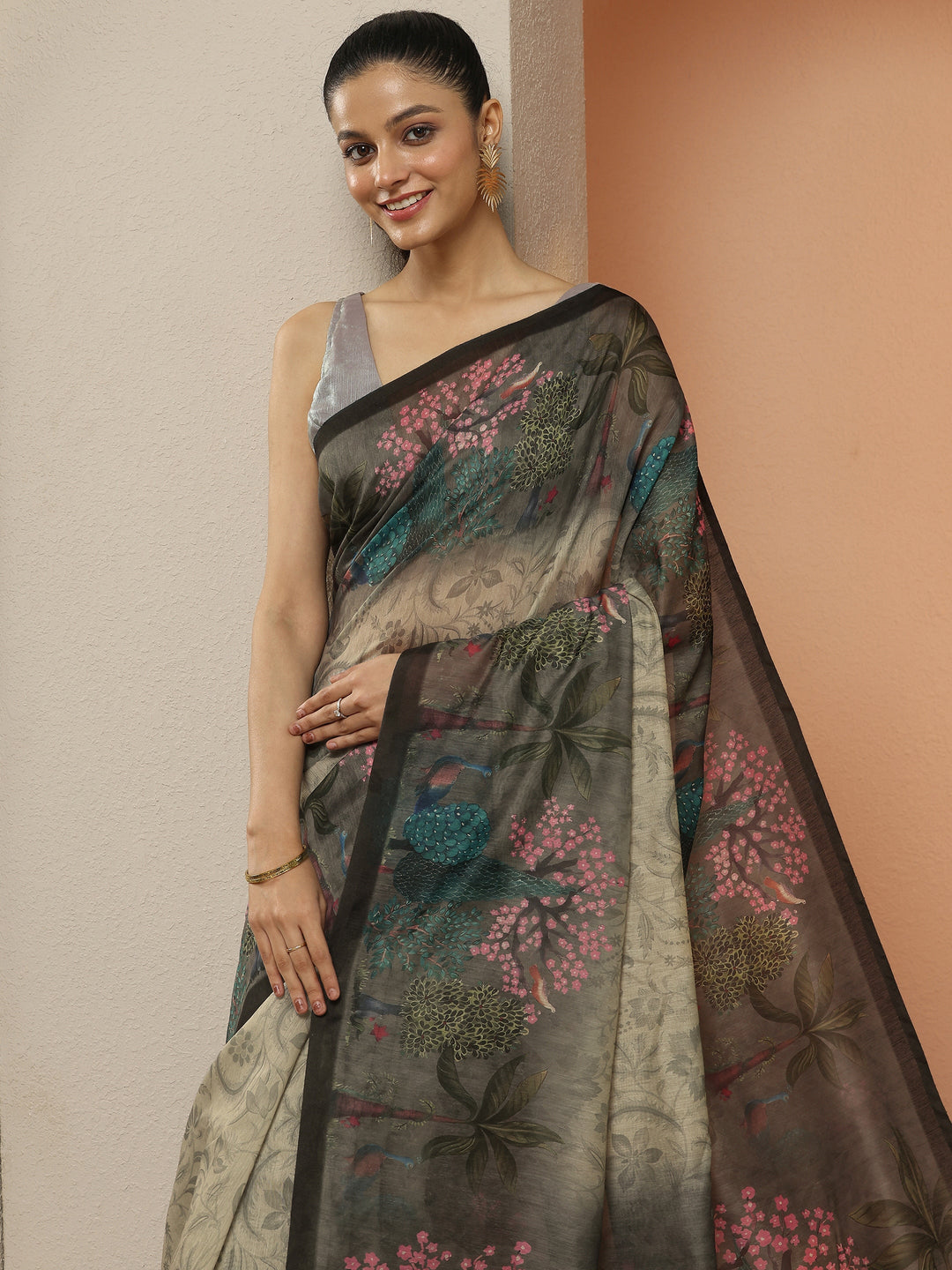  Grey Printed Silk Blend Saree With Unstitched Blouse Piece 