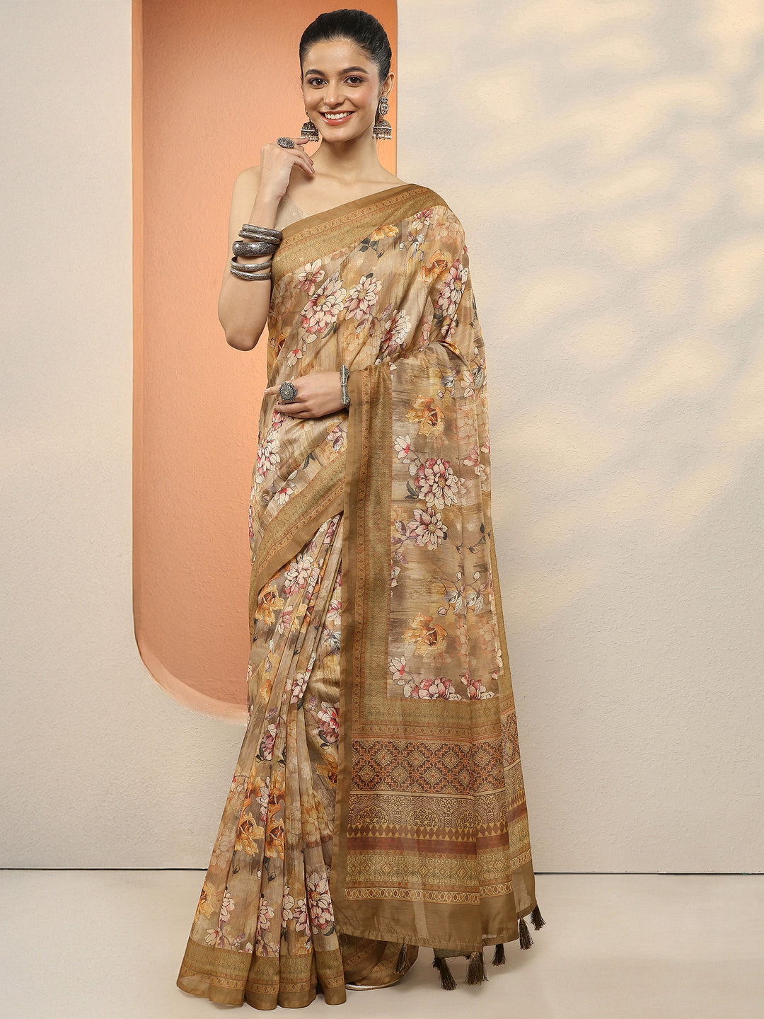  Mustard Printed Silk Blend Sarees With Unstitched Blouse Piece 