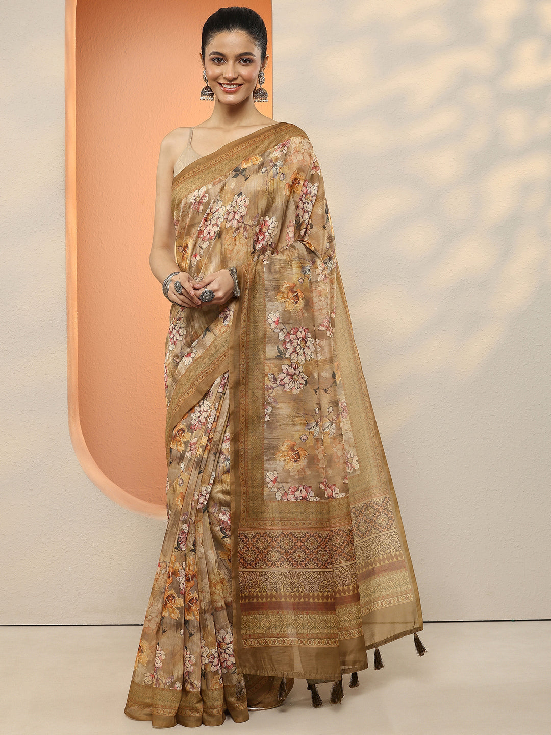  Mustard Printed Silk Blend Sarees With Unstitched Blouse Piece 