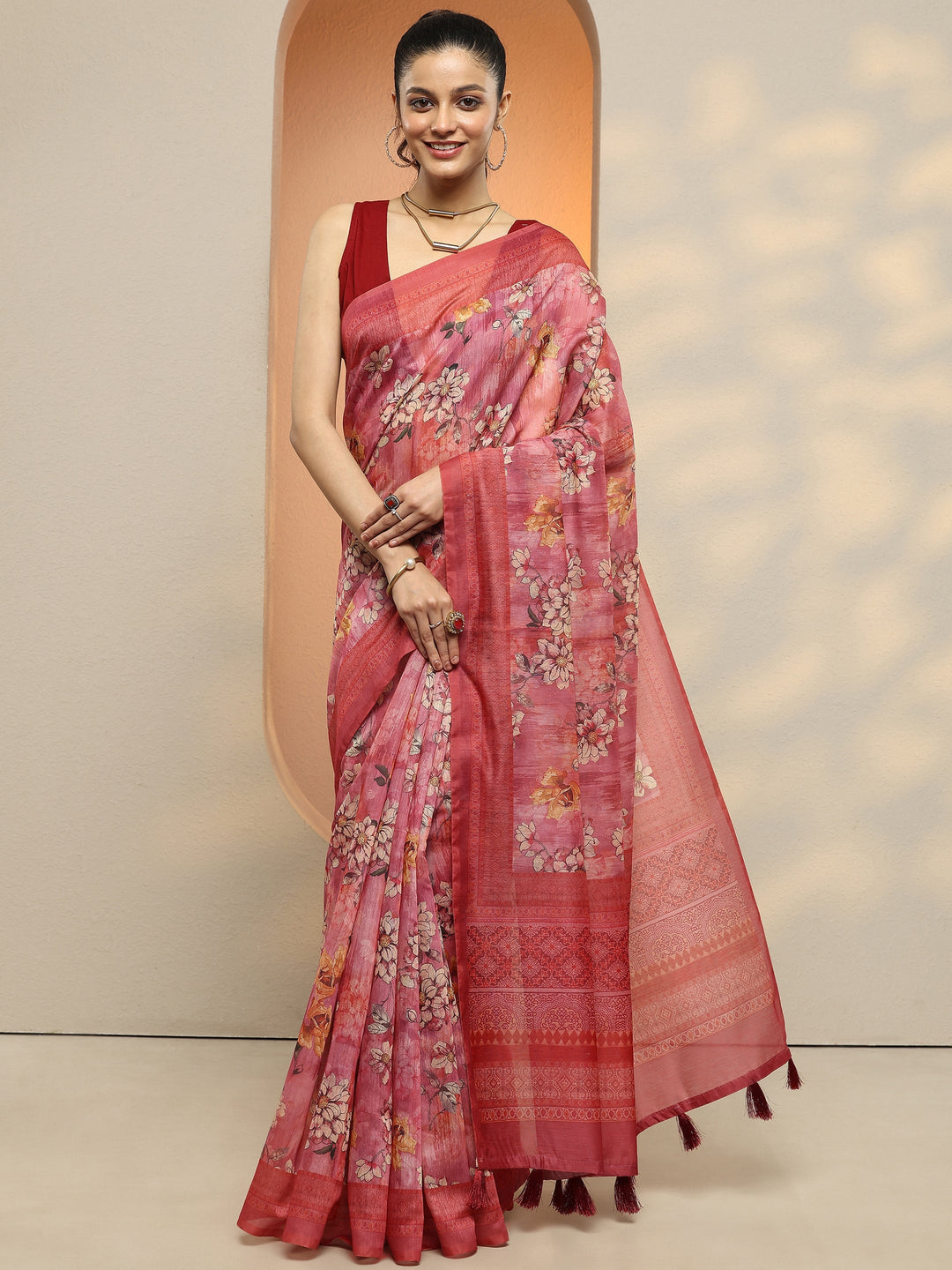  Pink Printed Silk Blend Saree With Unstitched Blouse Piece 