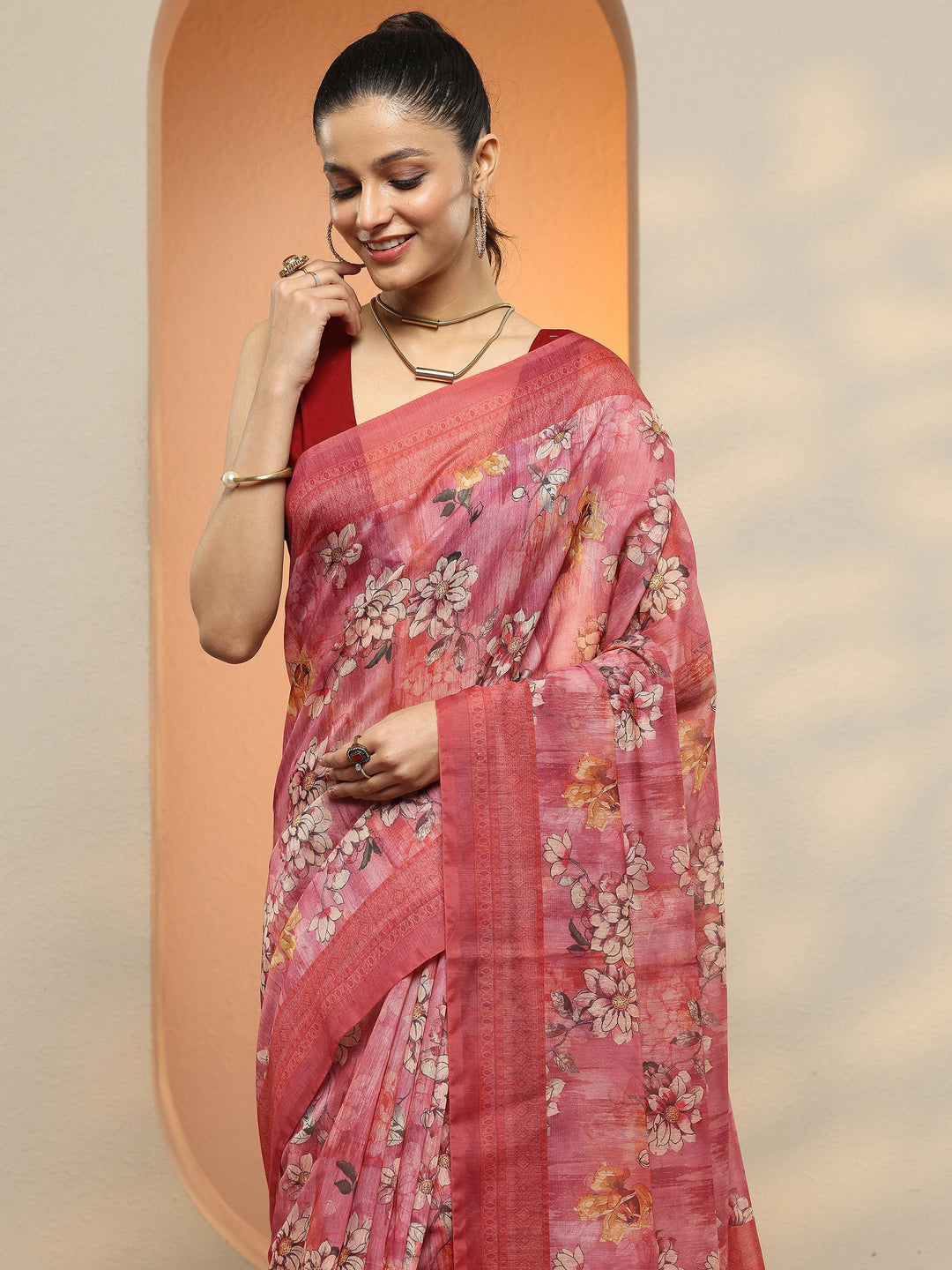  Pink Printed Silk Blend Saree With Unstitched Blouse Piece 