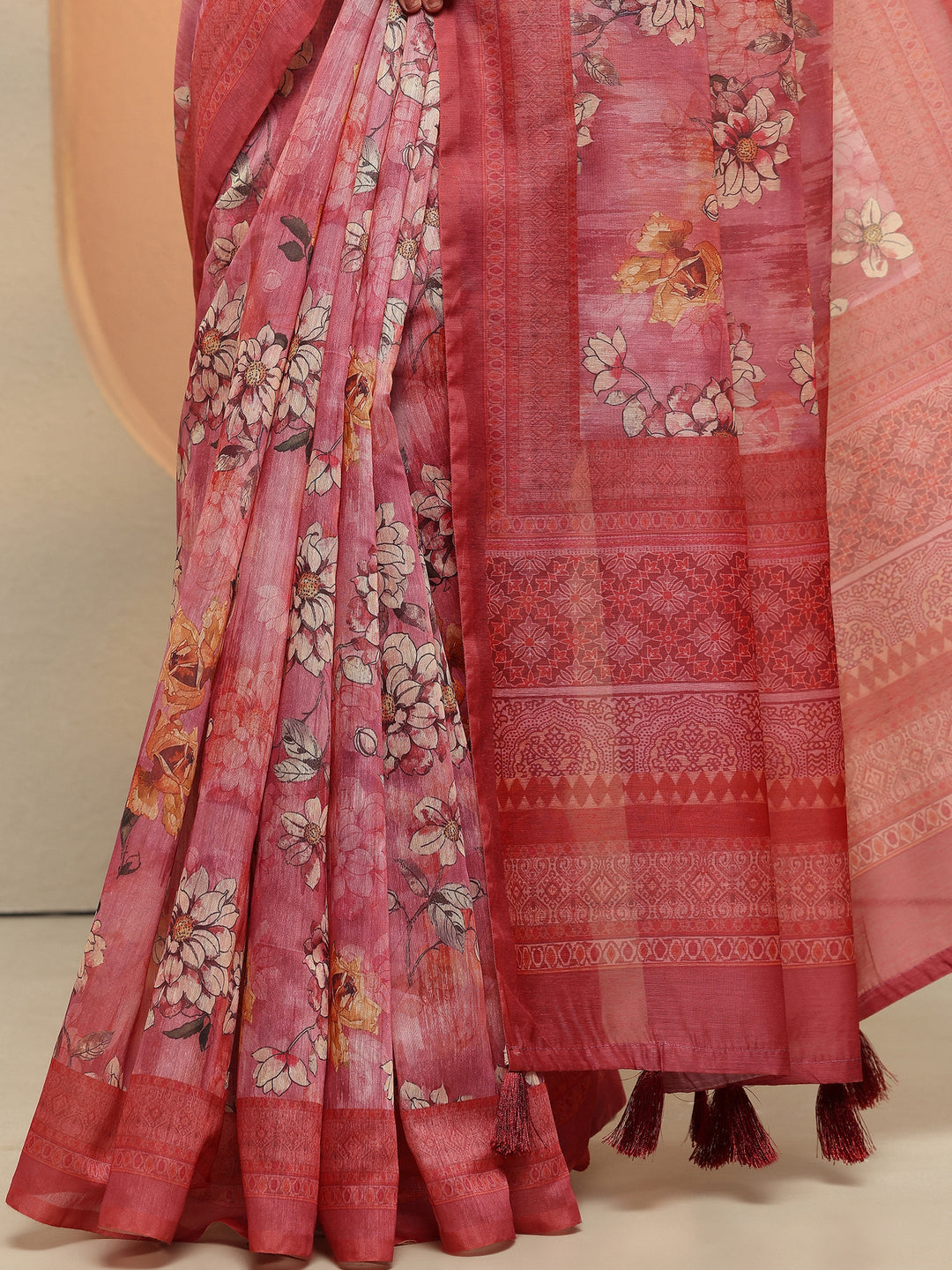  Pink Printed Silk Blend Saree With Unstitched Blouse Piece 