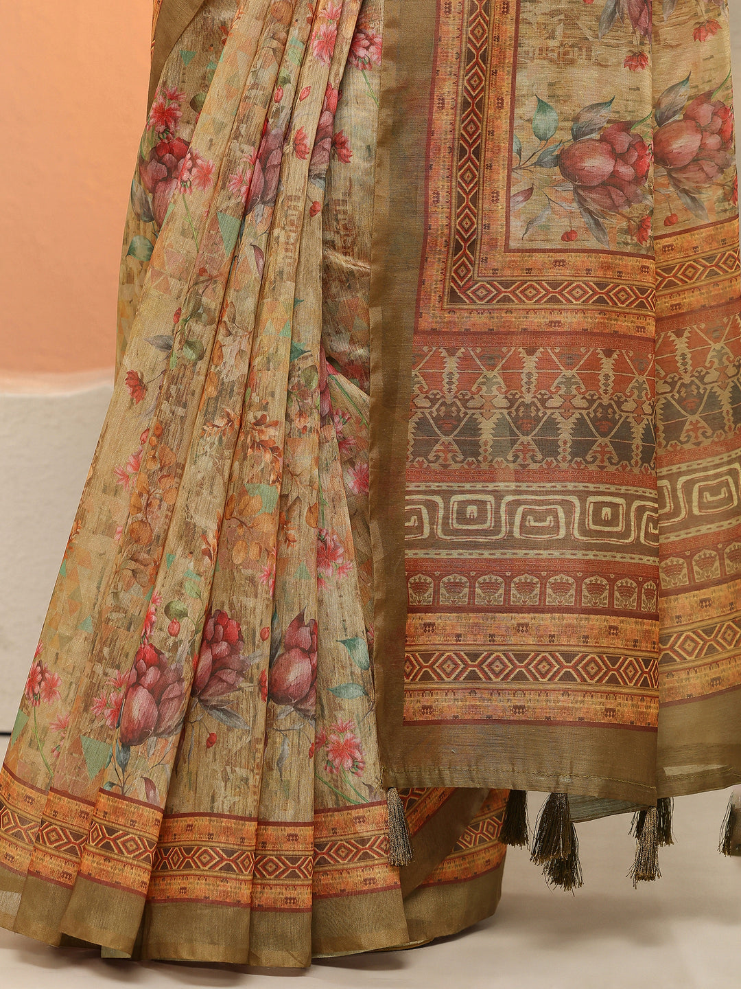  Yellow Printed Silk Blend Sarees With Unstitched Blouse Piece 