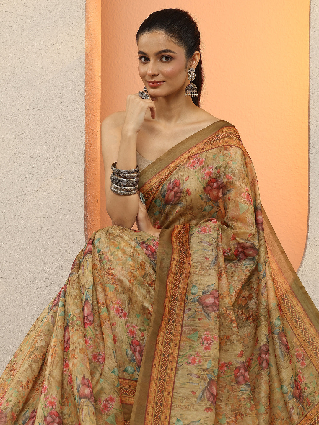 Yellow Printed Silk Blend Sarees With Unstitched Blouse Piece