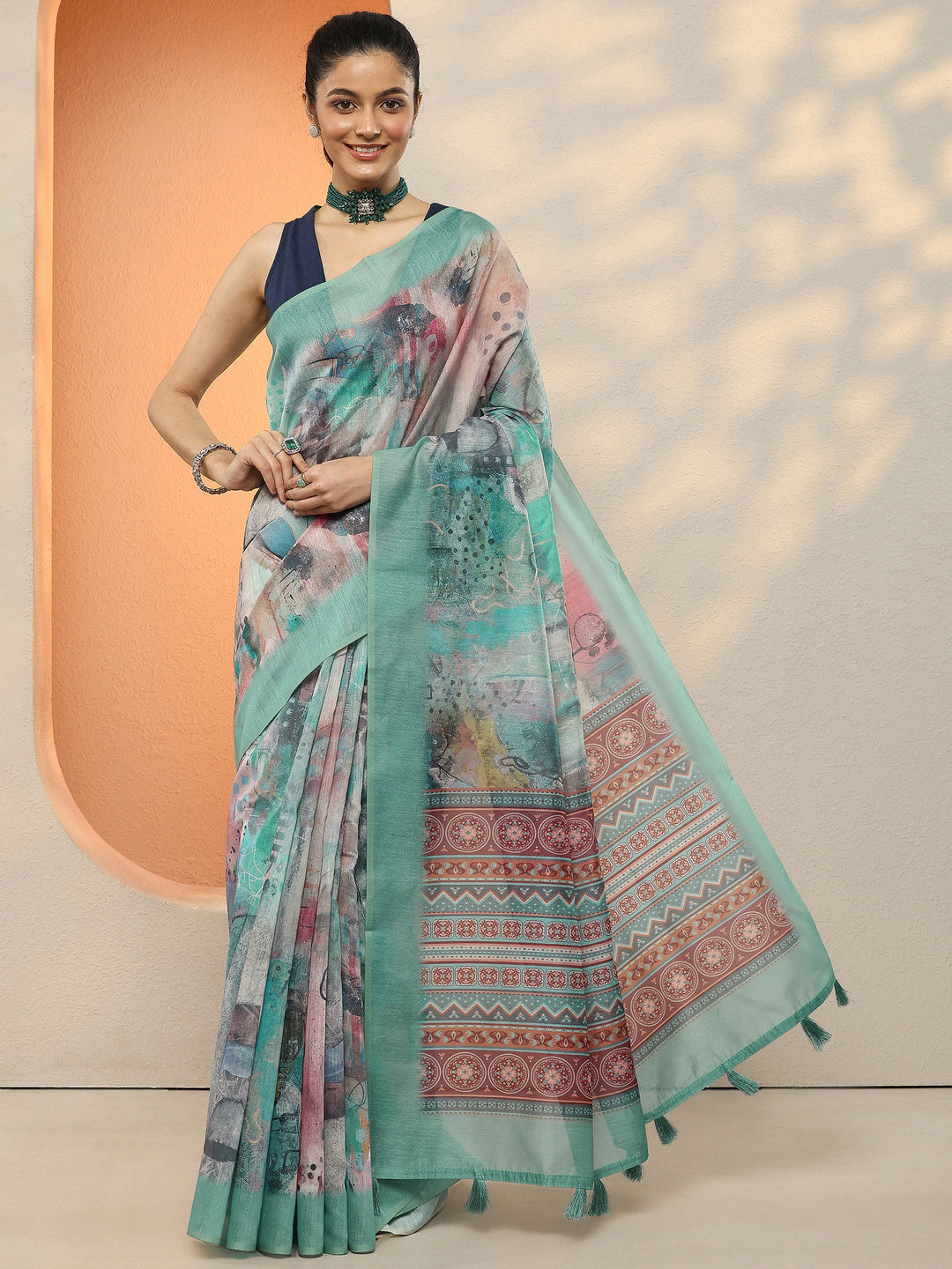  Blue Printed Silk Blend Sarees With Unstitched Blouse Piece 