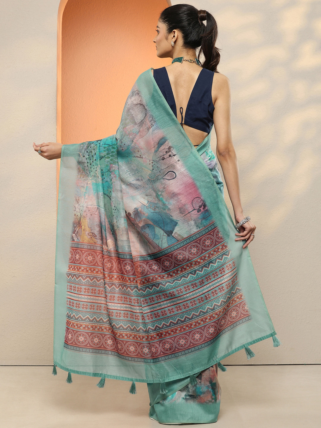  Blue Printed Silk Blend Sarees With Unstitched Blouse Piece 