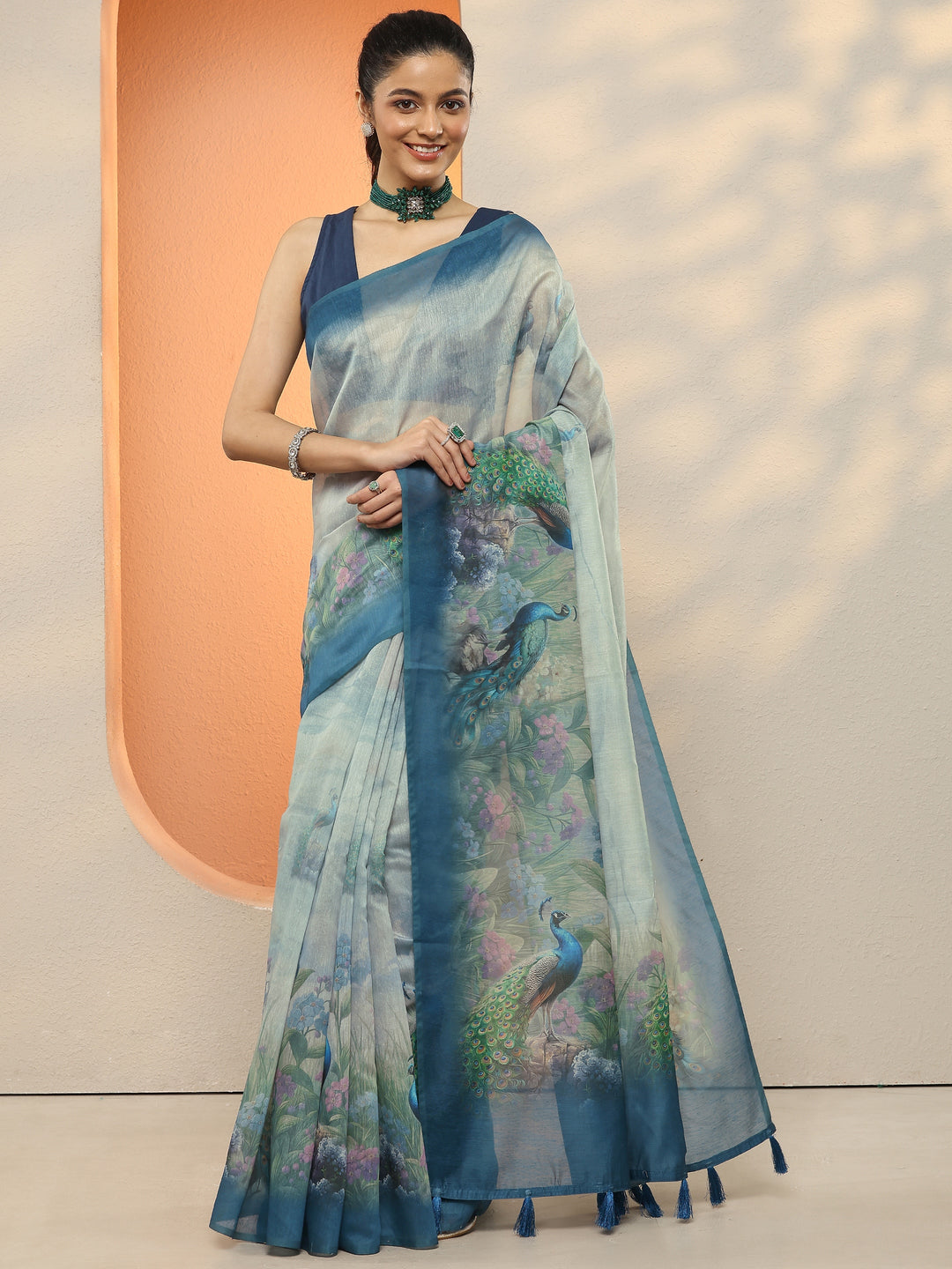  Blue Printed Silk Blend Sarees With Unstitched Blouse Piece 