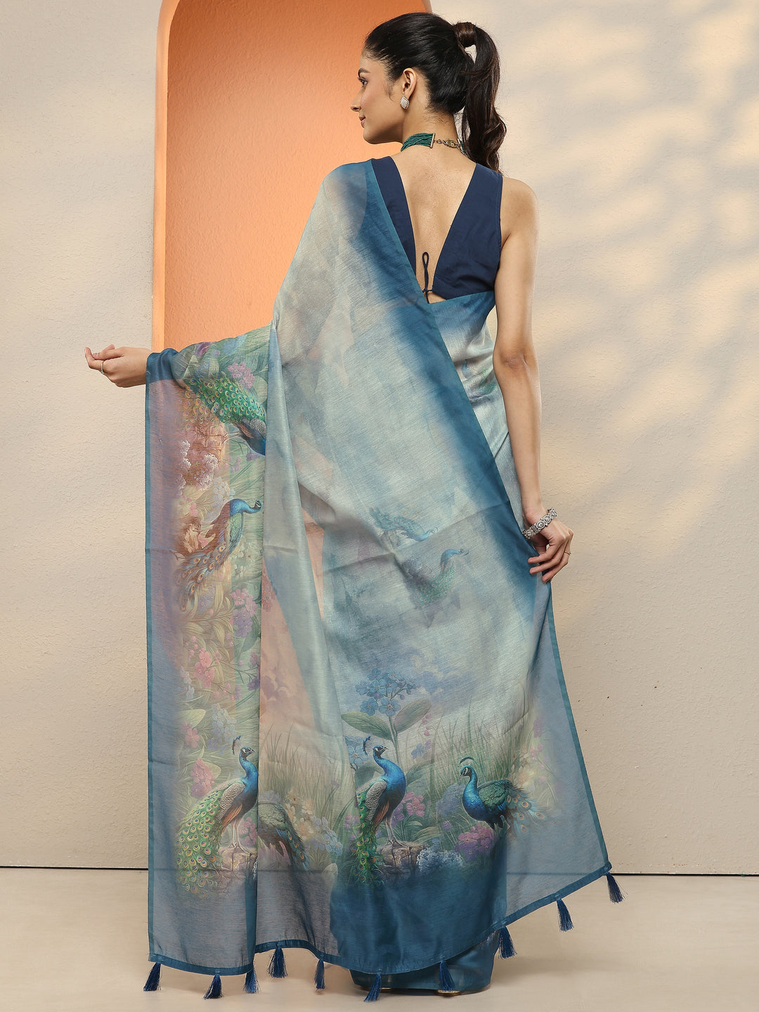  Blue Printed Silk Blend Sarees With Unstitched Blouse Piece 