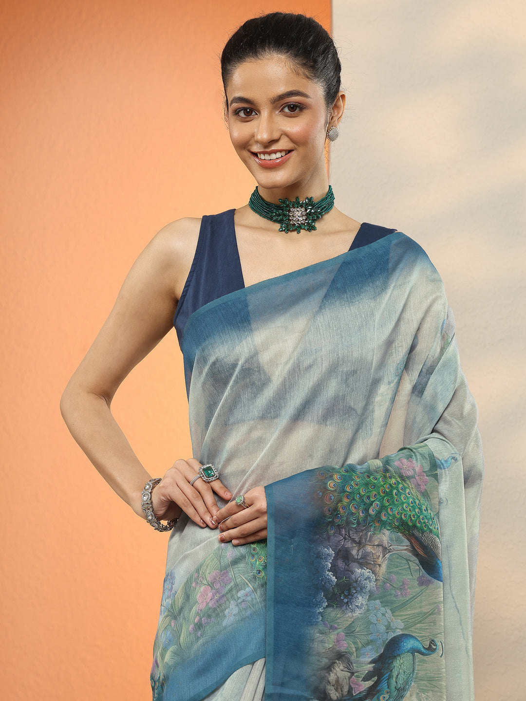  Blue Printed Silk Blend Sarees With Unstitched Blouse Piece 