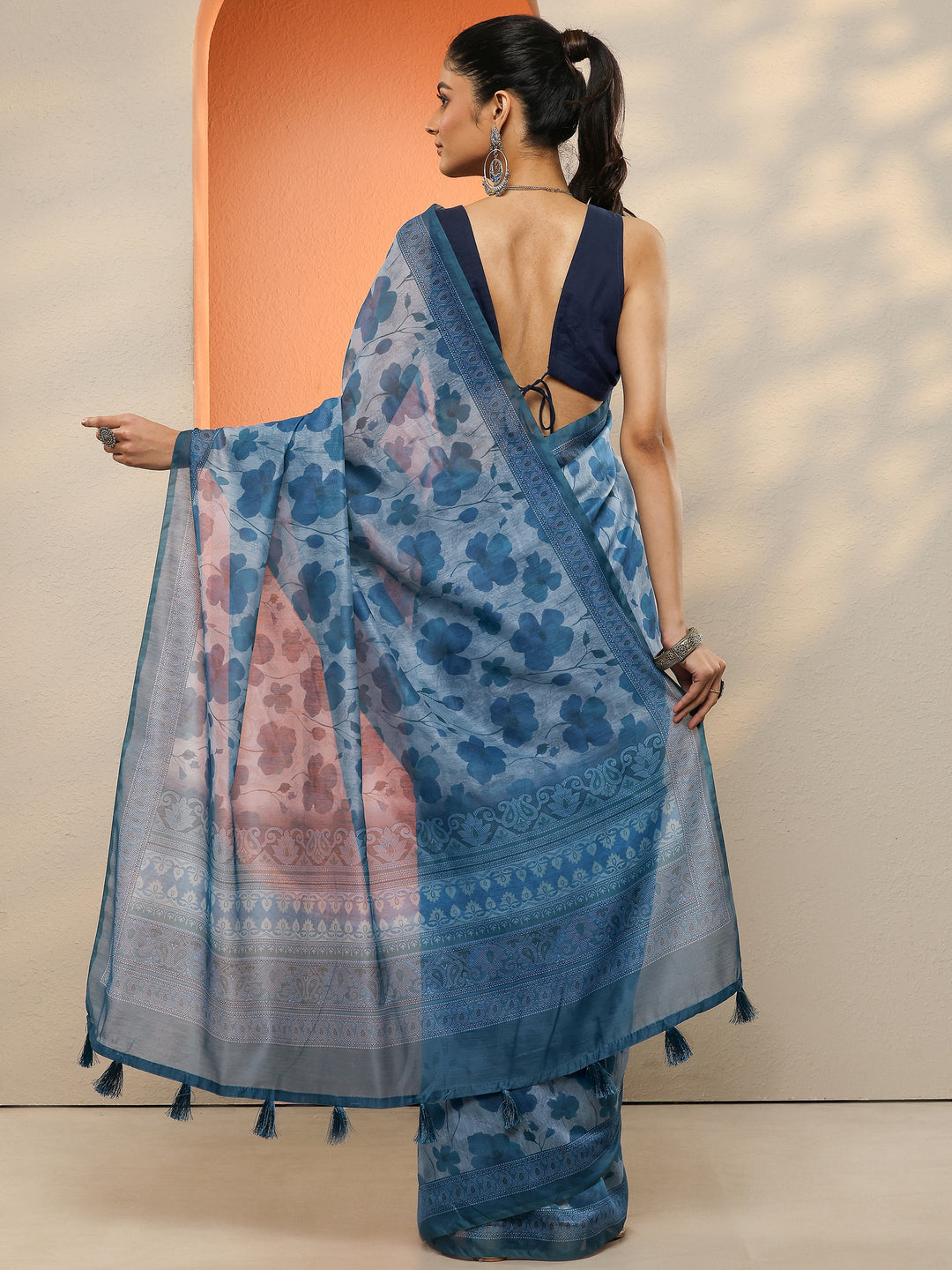  Blue Printed Silk Blend Sarees With Unstitched Blouse Piece 