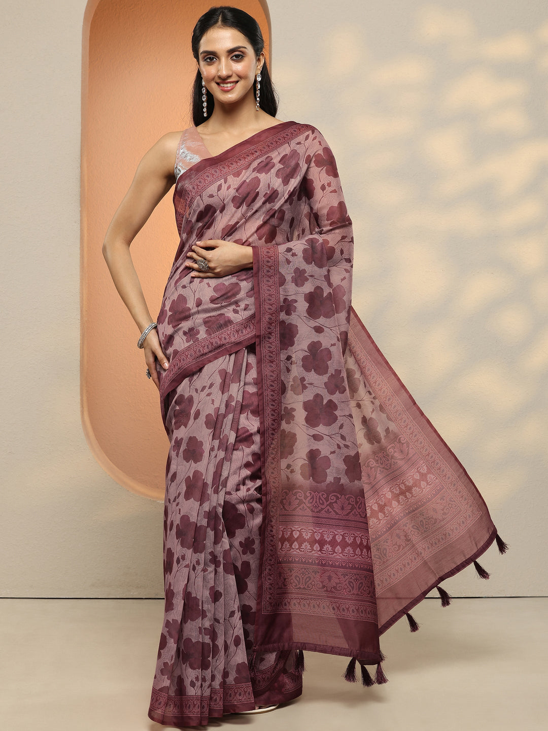  Burgundy Printed Silk Blend Saree With Unstitched Blouse Piece 