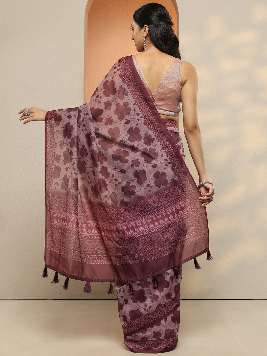  Burgundy Printed Silk Blend Saree With Unstitched Blouse Piece 
