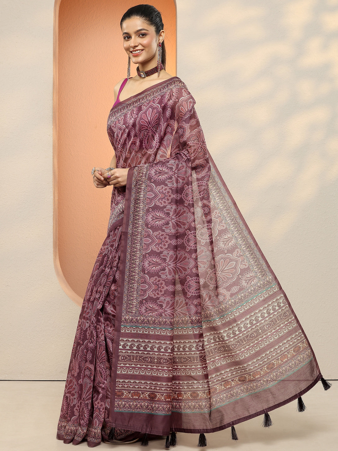  Purple Printed Silk Blend Sarees With Unstitched Blouse Piece 