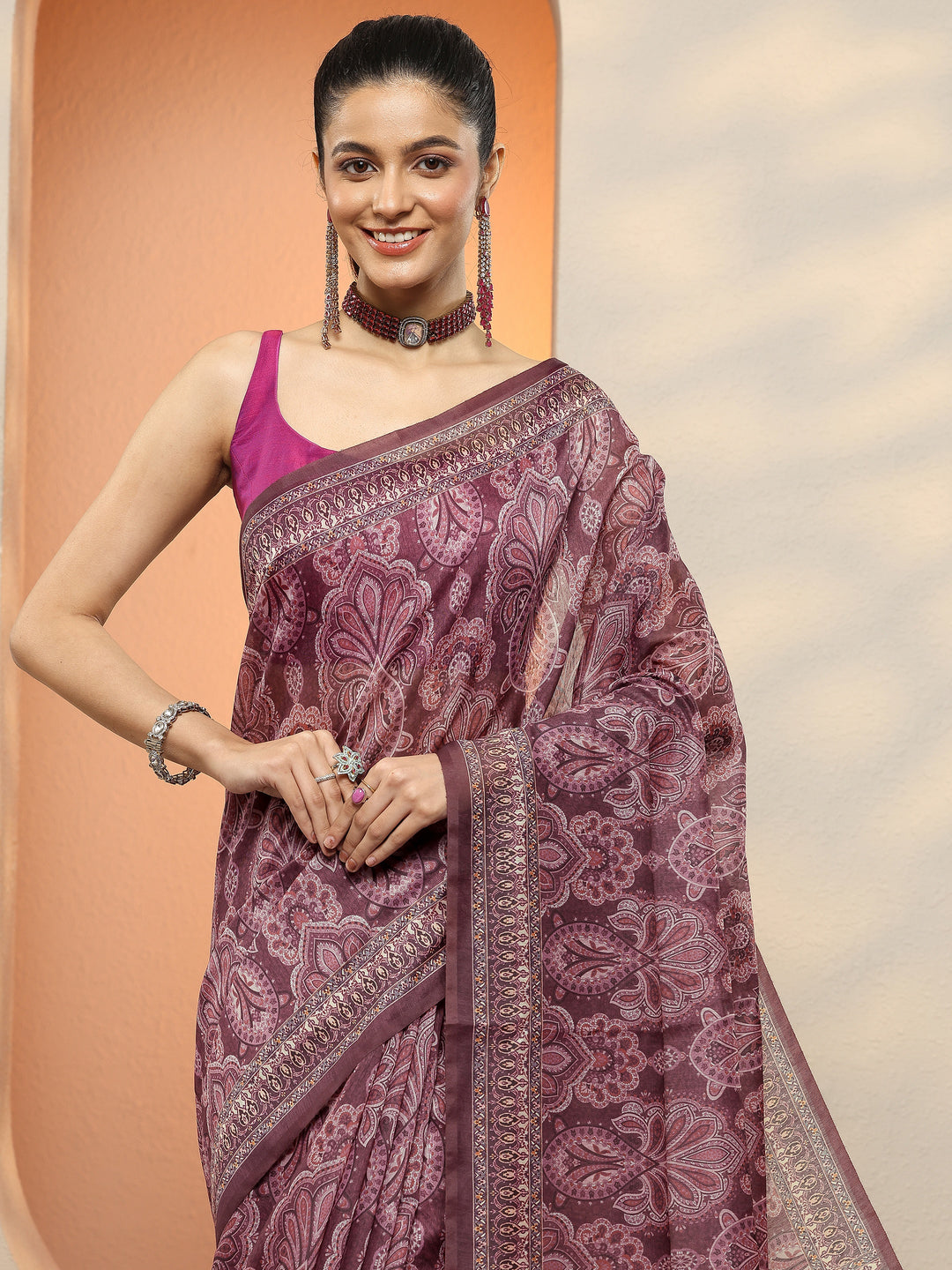  Purple Printed Silk Blend Sarees With Unstitched Blouse Piece 