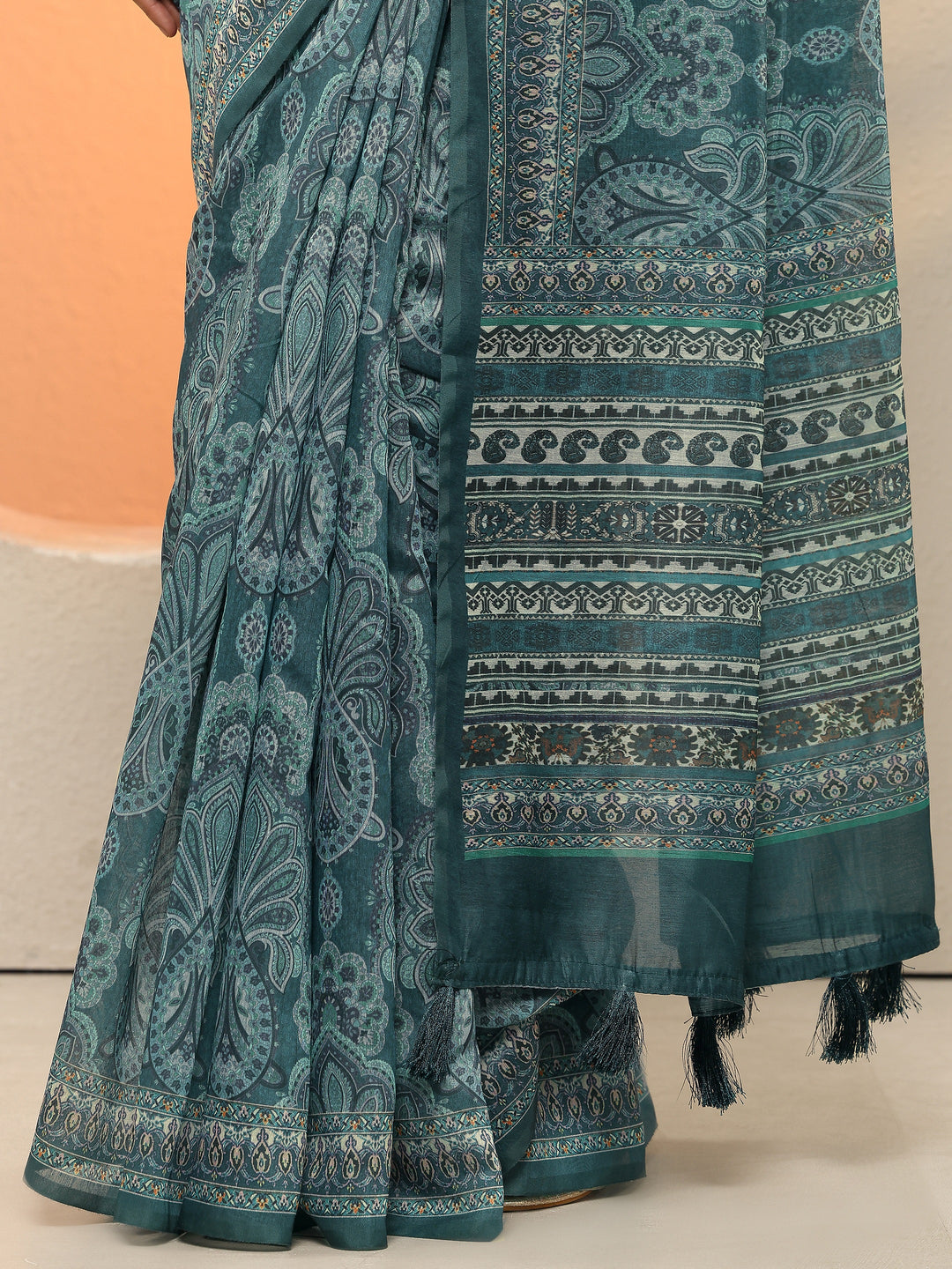  Blue Printed Silk Blend Sarees With Unstitched Blouse Piece 