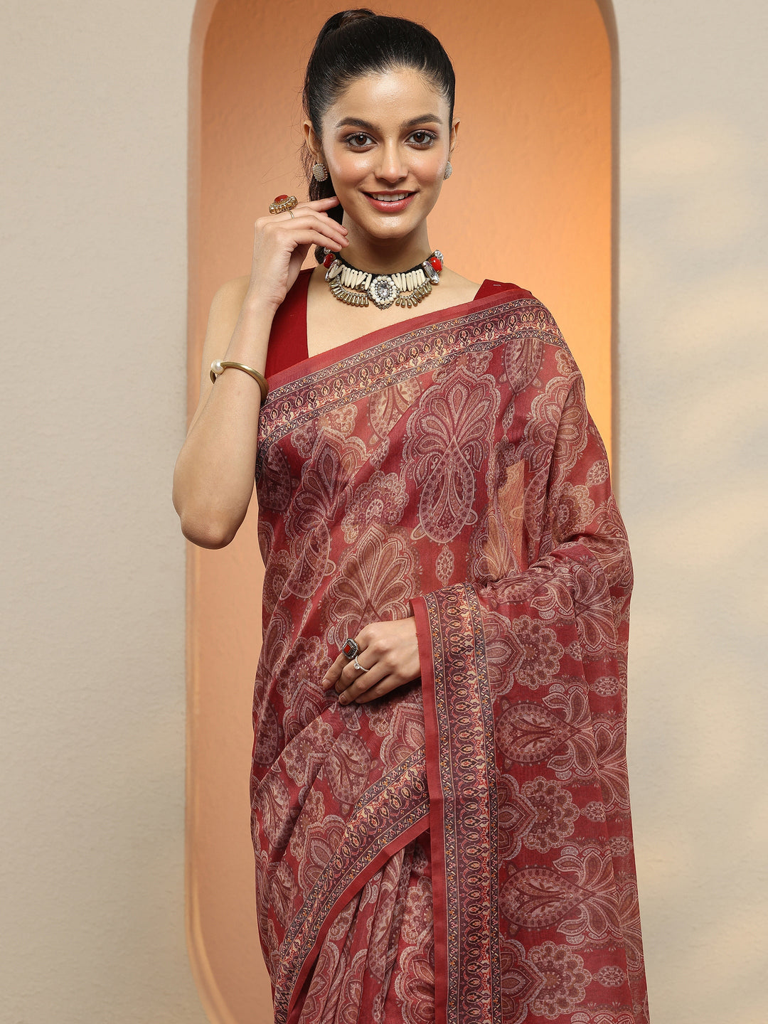 Red Printed Silk Blend Saree With Unstitched Blouse Piece 