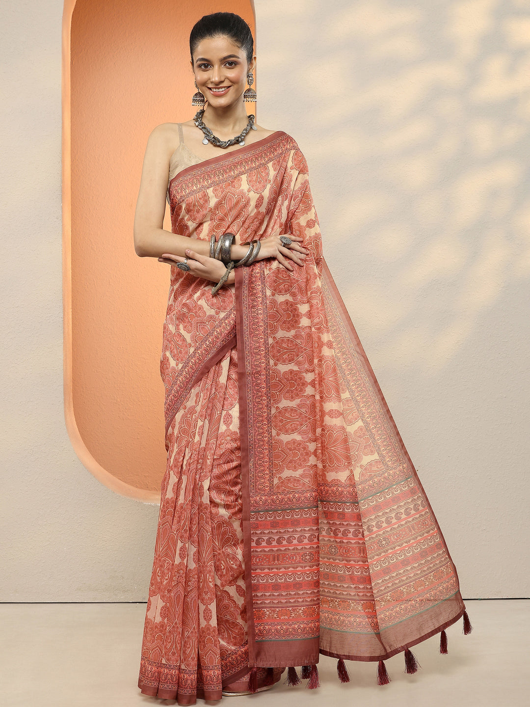 Beige Printed Silk Blend Sarees With Unstitched Blouse Piece
