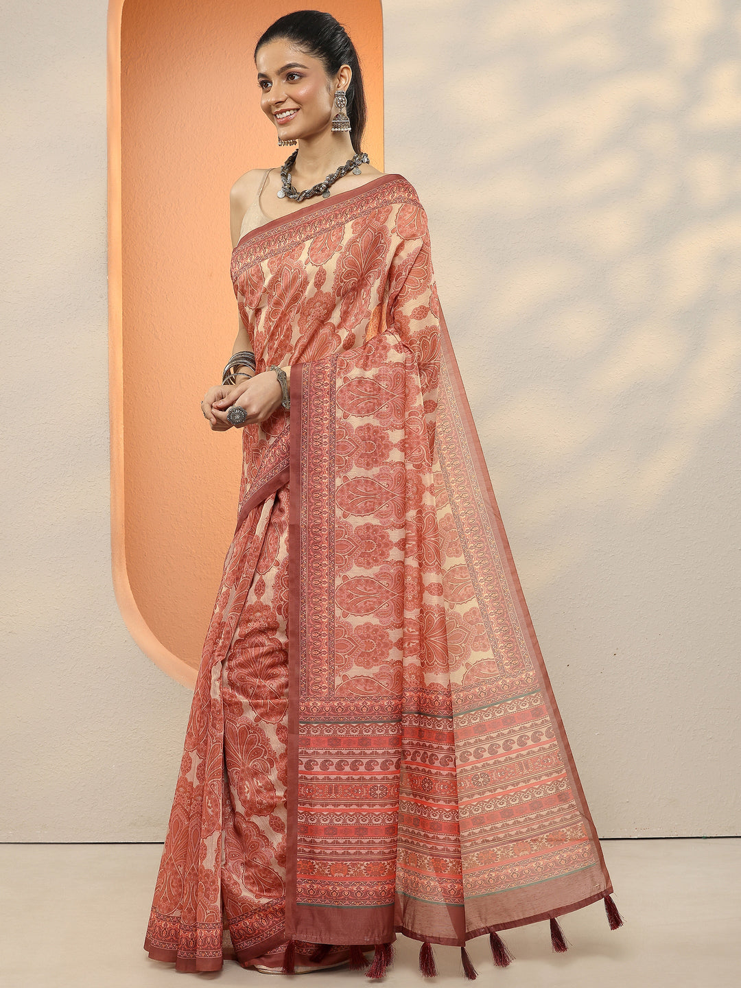  Beige Printed Silk Blend Sarees With Unstitched Blouse Piece 