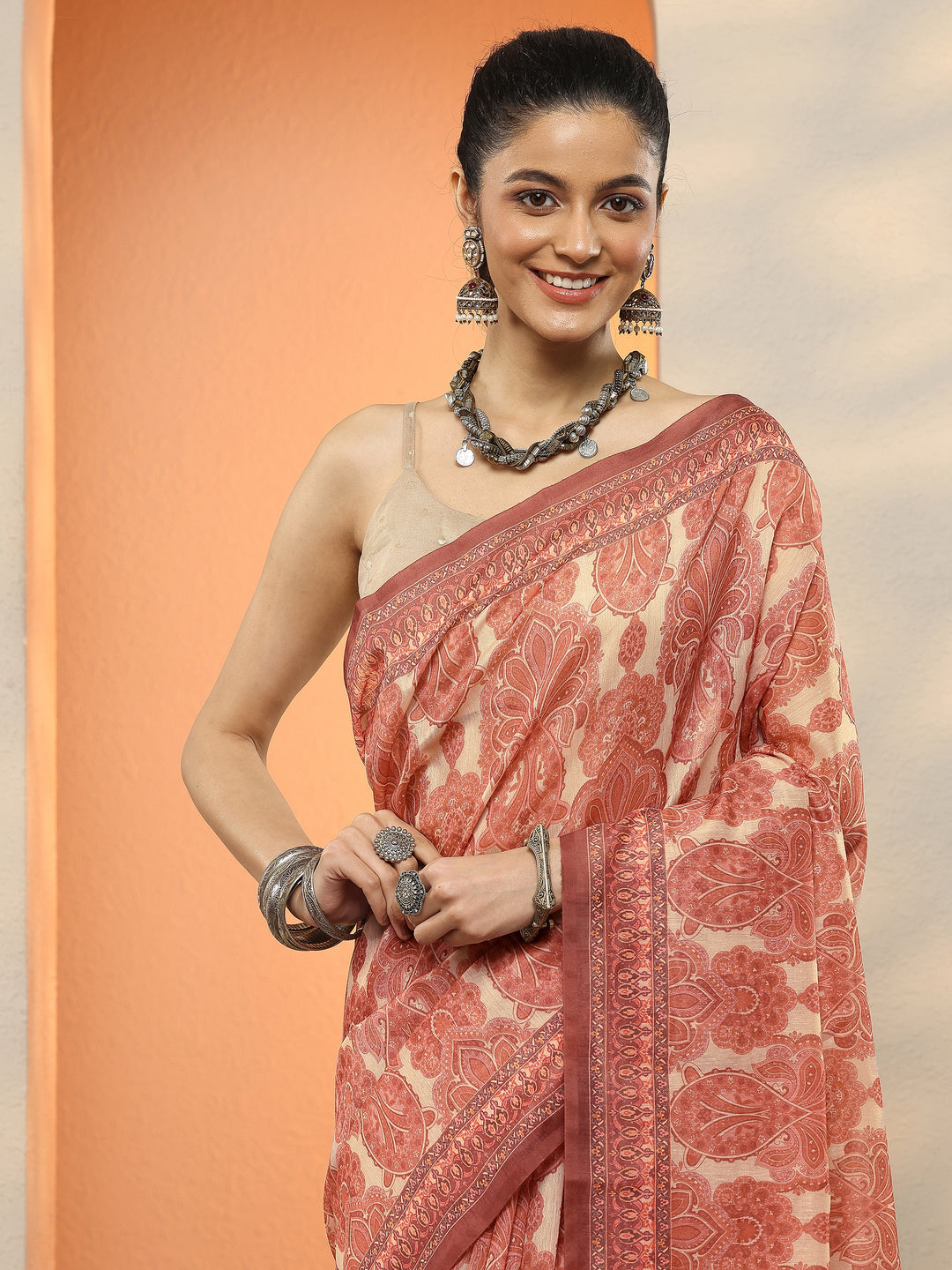  Beige Printed Silk Blend Sarees With Unstitched Blouse Piece 