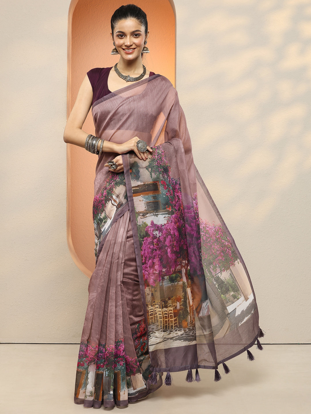  Mauve Tribal Printed Sarees With Unstitched Blouse Piece 