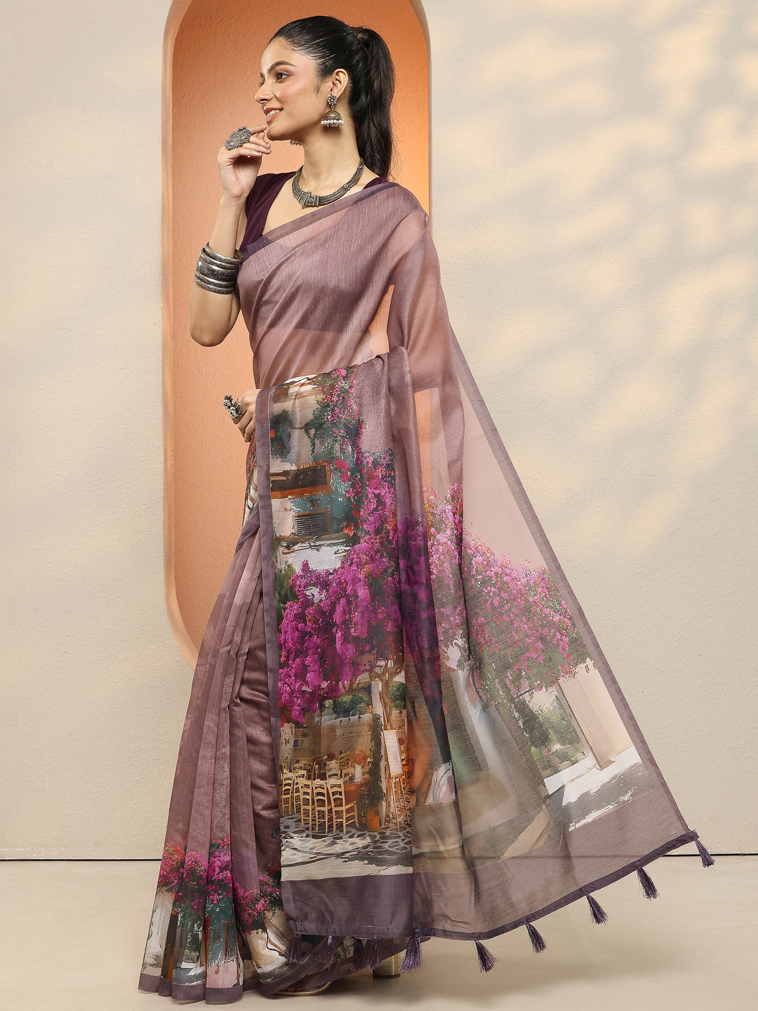  Mauve Tribal Printed Sarees With Unstitched Blouse Piece 