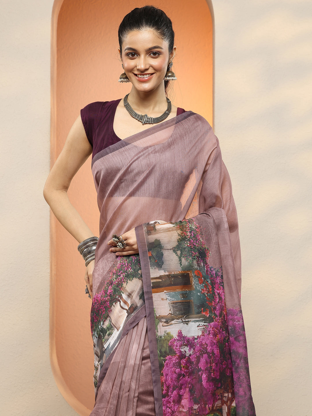  Mauve Tribal Printed Sarees With Unstitched Blouse Piece 