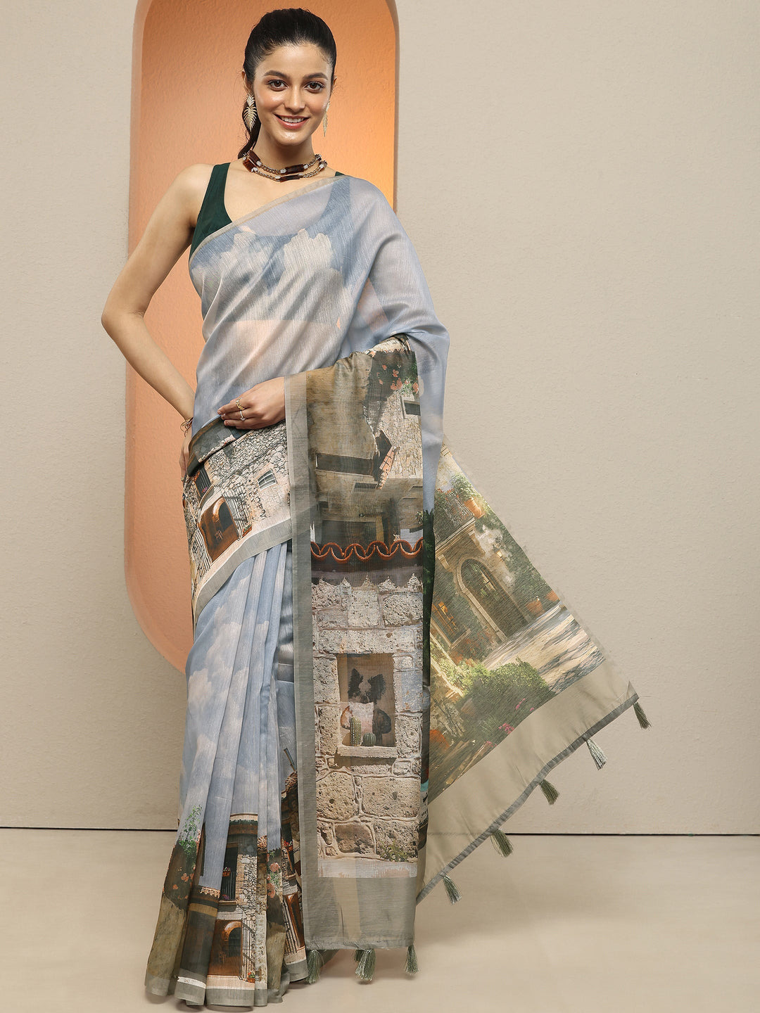  Blue Tribal Printed Silk Blend Saree With Unstitched Blouse Piece 