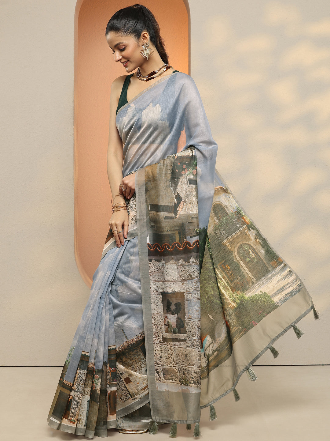  Blue Tribal Printed Silk Blend Saree With Unstitched Blouse Piece 