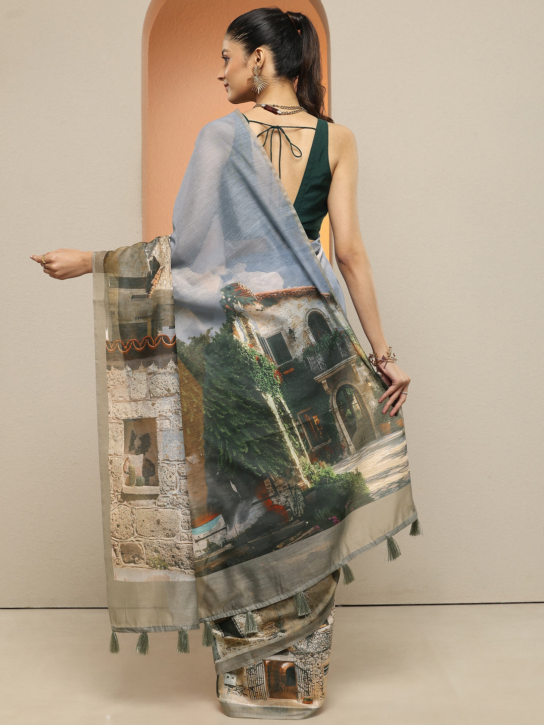  Blue Tribal Printed Silk Blend Saree With Unstitched Blouse Piece 