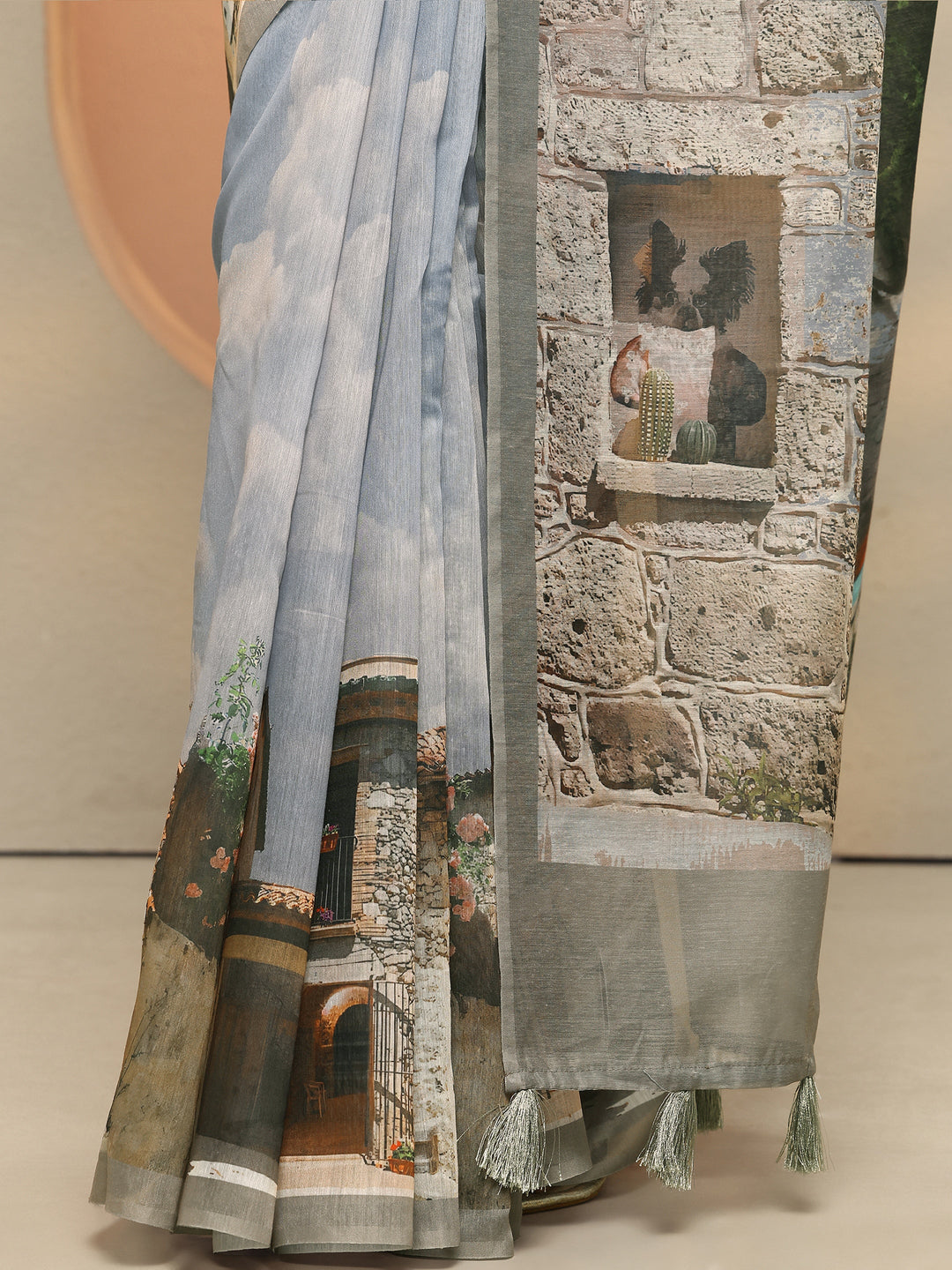  Blue Tribal Printed Silk Blend Saree With Unstitched Blouse Piece 