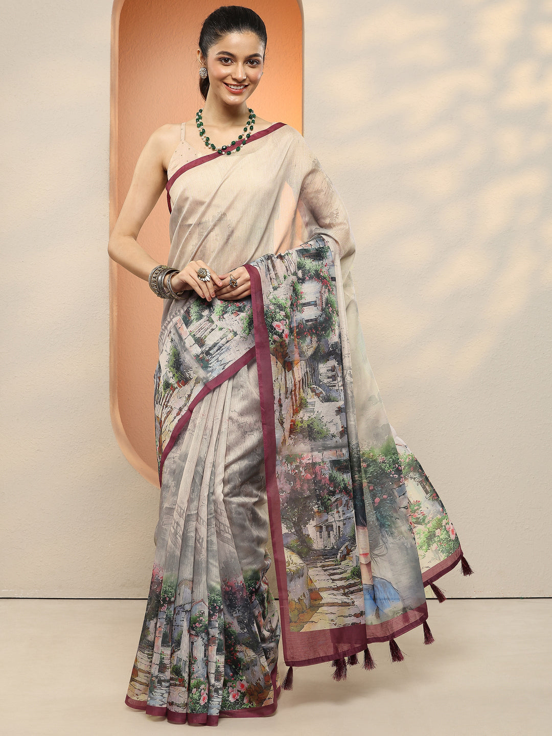  Grey Tribal Printed Sarees With Unstitched Blouse Piece 
