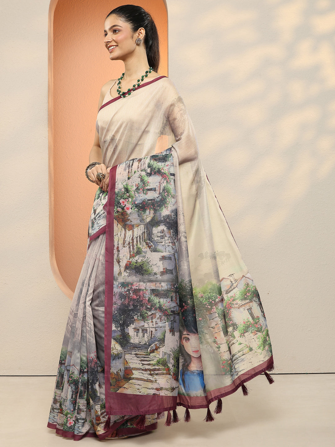  Grey Tribal Printed Sarees With Unstitched Blouse Piece 